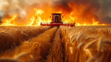 A combine harvester harvesting wheat triggers a fire in the field. A significant emergency event unfolds in the agricultural setting.