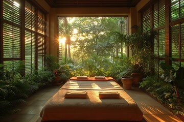 Visualize a serene spa in a tropical paradise, offering coconut oil massages and rejuvenating facials