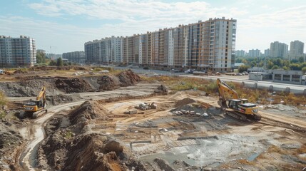 Heavy machinery and excavators at a construction site, preparing the ground for a multi-storey residential building. Construction equipment and workers in the background.
