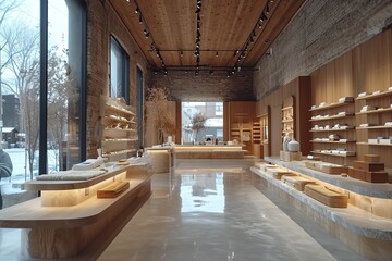 Fototapeta premium Visualize a sustainable fashion brand's flagship store, featuring transparent supply chain information and interactive displays on ethical fashion