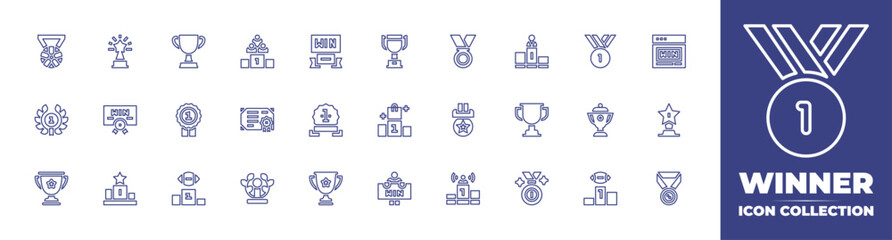 Winner line icon collection. Editable stroke. Vector illustration. Containing winner, trophy, medal, win, gold medal, first prize, award, podium.