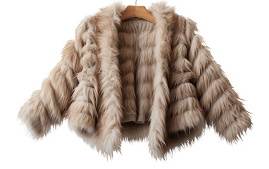 A luxurious fur coat drapes gracefully over a rustic wooden hanger - obrazy, fototapety, plakaty