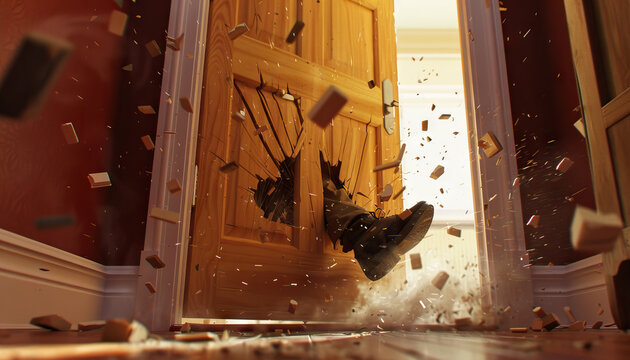 busting through the door. a wooden crack. pieces of wood flying. kicking with foot. leg kick. powerful