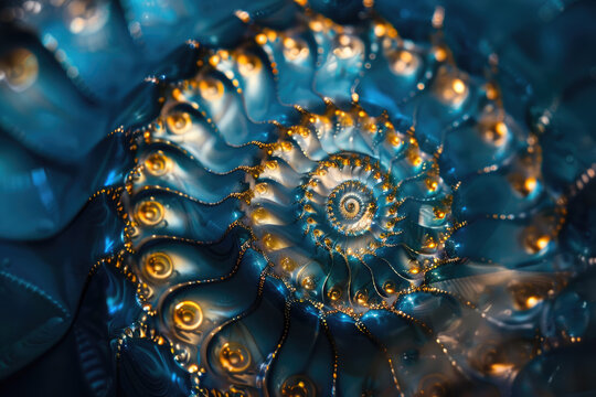 A spiral of blue and gold colors with fractals, resembling the shell pattern on an nautilus or sea snail.
