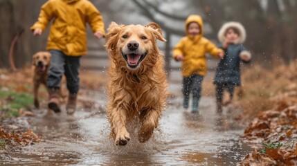 Cheerful dog playing with children in rainy weather, running through puddles - obrazy, fototapety, plakaty