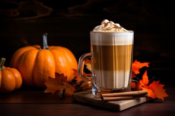 Spiced Pumpkin latte drink. Glass table. Generate Ai