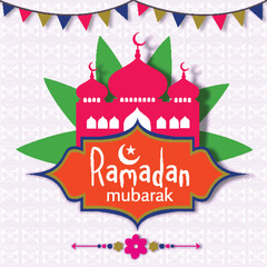 Holy month of Muslim community, Ramadan Kareem celebration with mosque on seamless floral design decorated background.