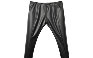 A pair of sleek black leather pants laying on a pristine white background