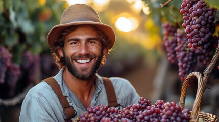 A youthful farmer relishes a successful grape harvest, grasping a wicker basket brimming with freshly picked, ripe fruits, exuding satisfaction. - obrazy, fototapety, plakaty