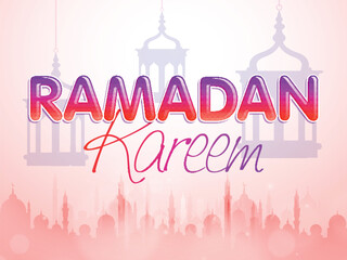 Stylish text Ramadan Kareem on hanging lanterns and mosque silhouette decorated background for Islamic holy month of prayers, celebration.