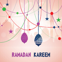 Beautiful greeting card design decorated with floral lanterns and stars on mosque silhouetted background for Islamic holy month of prayers, Ramadan Kareem celebration.
