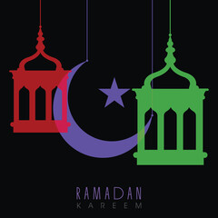 Hanging Lamp With Crescent Moon on Black Background, Ramadan Kareem Concept.