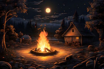 a beautiful view with a bonfire. Generative ai.