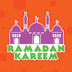 Pink Mosque with stylish text Ramadan Kareem on orange background, can be used as sticker, tag or label design for Islamic holy month of prayers, celebration.