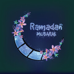 Creative Glowing Purple Moon with Beautiful Flowers decoration for Holy Month of Muslim Community Festival, Ramadan Mubarak celebration.