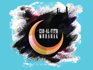 Creative Glossy Crescent Moon on stylish abstract background with Mosque for Islamic Holy Festival, Eid-Al-Fitr celebration.
