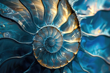 A spiral of blue and gold colors with fractals, resembling the shell pattern on an nautilus or sea snail.