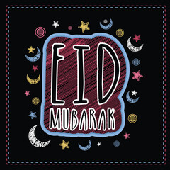 Elegant greeting card design with stylish text Eid Mubarak on colourful stars and moons decorated background.