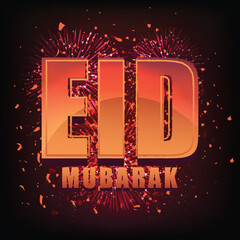 Glossy Golden Text Eid Mubarak on beautiful fireworks background, Elegant greeting card design for Muslim Community Festival celebration.