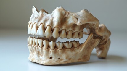 A recreation of a human jaw, teeth, and facial bone connecting to ancient peoples of prehistoric times, offering a visual representation for historical analysis and exploration.