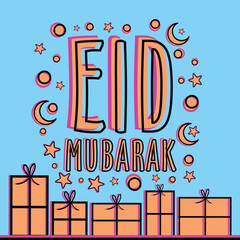 Elegant Greeting Card design decorated with wrapped gift boxes, stars and moons for Islamic Famous Festival, Eid Mubarak celebration.
