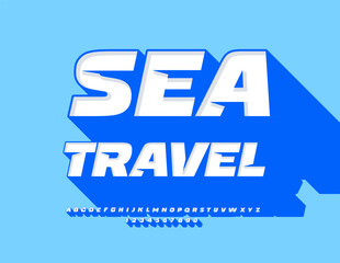 Vector creative banner Sea Travel. Modern 3D Font with Big Blue Shadow. Decorative Alphabet Letters and Numbers set.