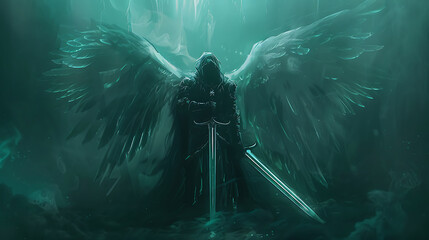 Dark warrior angel with medieval sword. fantasy background. digital ai art. Generative Ai - obrazy, fototapety, plakaty