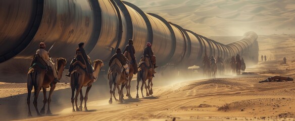 A striking juxtaposition of traditional and industrial elements as camels peacefully roam the desert while an oil pipeline stretches across the landscape.