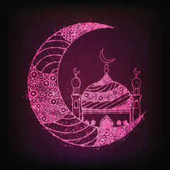 Beautiful floral design decorated, Glowing Crescent Moon with Mosque on purple background for Islamic Festivals celebration.
