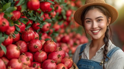 A cheerful young woman working the fields holds a basket brimming with delicious pomegranates, beaming brightly for the photo. Her contagious joy reflects her satisfaction with the bountiful harvest.