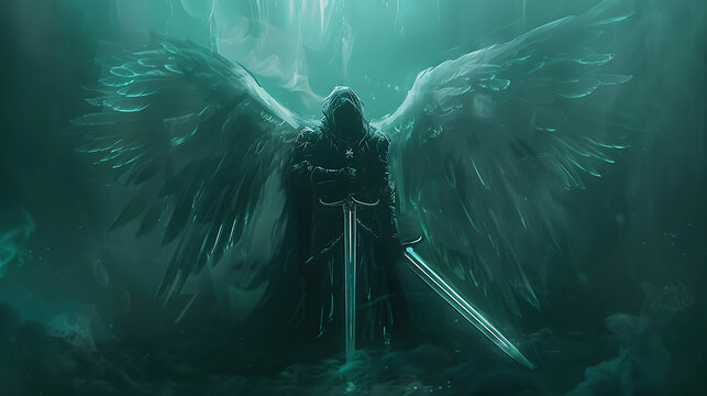 Dark warrior angel with medieval sword. fantasy background. digital ai art. Generative Ai