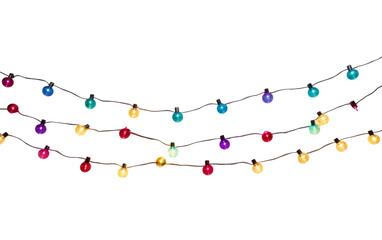 A string of colorful Christmas lights glowing on a white background
