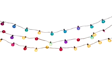A string of colorful Christmas lights glowing on a white background