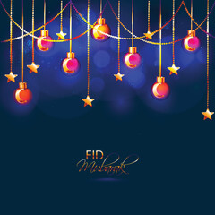 Eid mubarak background with light bulbs and stars hanging on blue background.