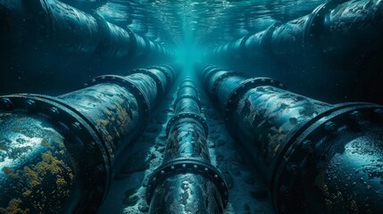 An underwater petroleum pipeline, essential for transporting oil products in coastal regions. Vital for the oil industry, enabling efficient and safe transportation.