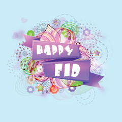 Happy Eid on colourful floral design decorated on blue background for Muslim Community Festival celebration.