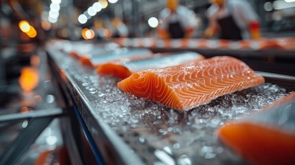 Fresh salmon fillets on a conveyor belt at an industrial processing plant, ready for further processing and packaging. Industrial food production concept.