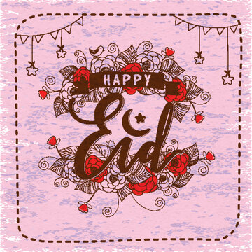 Colourful floral design decorated greeting card with hanging Stars for Muslim Community Festival, Eid Mubarak celebration.