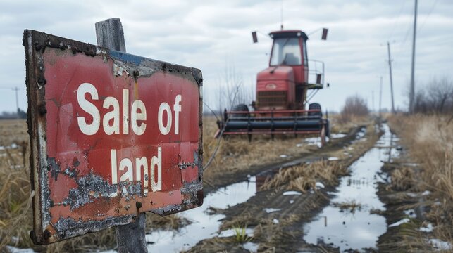 A neglected tractor is left in an untended farm field, symbolizing the struggles of bankrupt farmers. The land parcels are available for sale, portraying the challenges faced in agriculture.