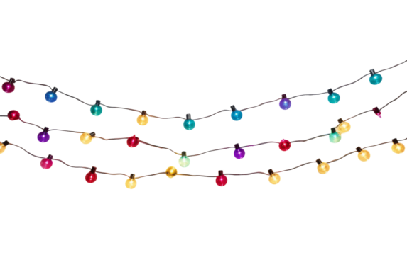 A string of colorful Christmas lights glowing on a white background