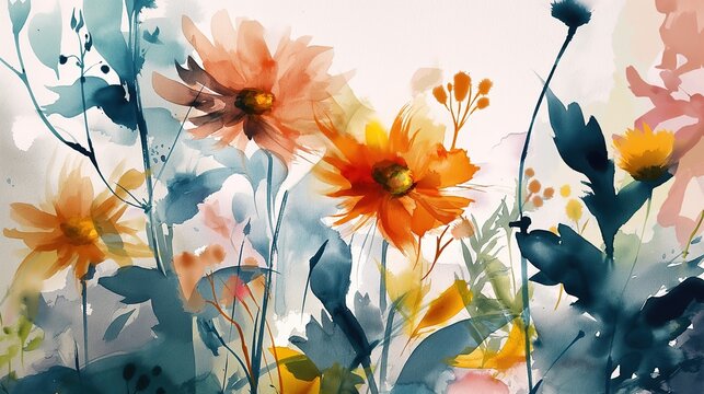 watercolor style illustration of daisy flower bouquet blossom background wallpaper, color splash and wet in wet technique texture, Generative Ai
