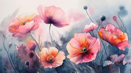 watercolor style illustration of  poppy flower bouquet blossom background wallpaper, color splash and wet in wet technique texture, Generative Ai
