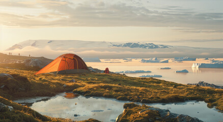 Camping in the arctic at a campsite with an orange tent on a grassy hill overlooking a valley and a small lake with people fishing in the distance and large icebergs floating