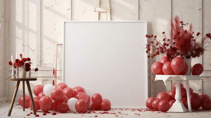 Mock up poster in interior background with red and white balloons