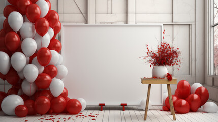 Mock up poster in interior background with red and white balloons