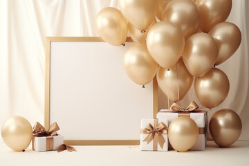Mock up poster in interior background with gold balloons