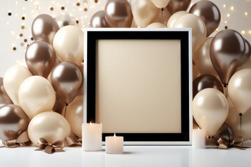 Mock up poster frame in interior background with gold balloons
