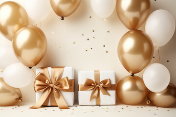 Holiday background with golden balloons and gift boxes