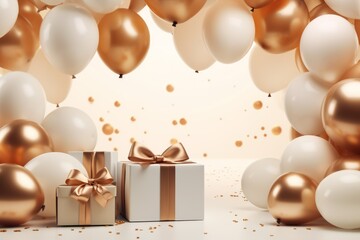 Holiday background with golden balloons and gift boxes