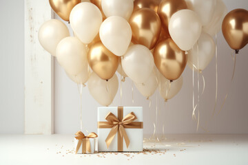 Holiday background with golden balloons and gift boxes